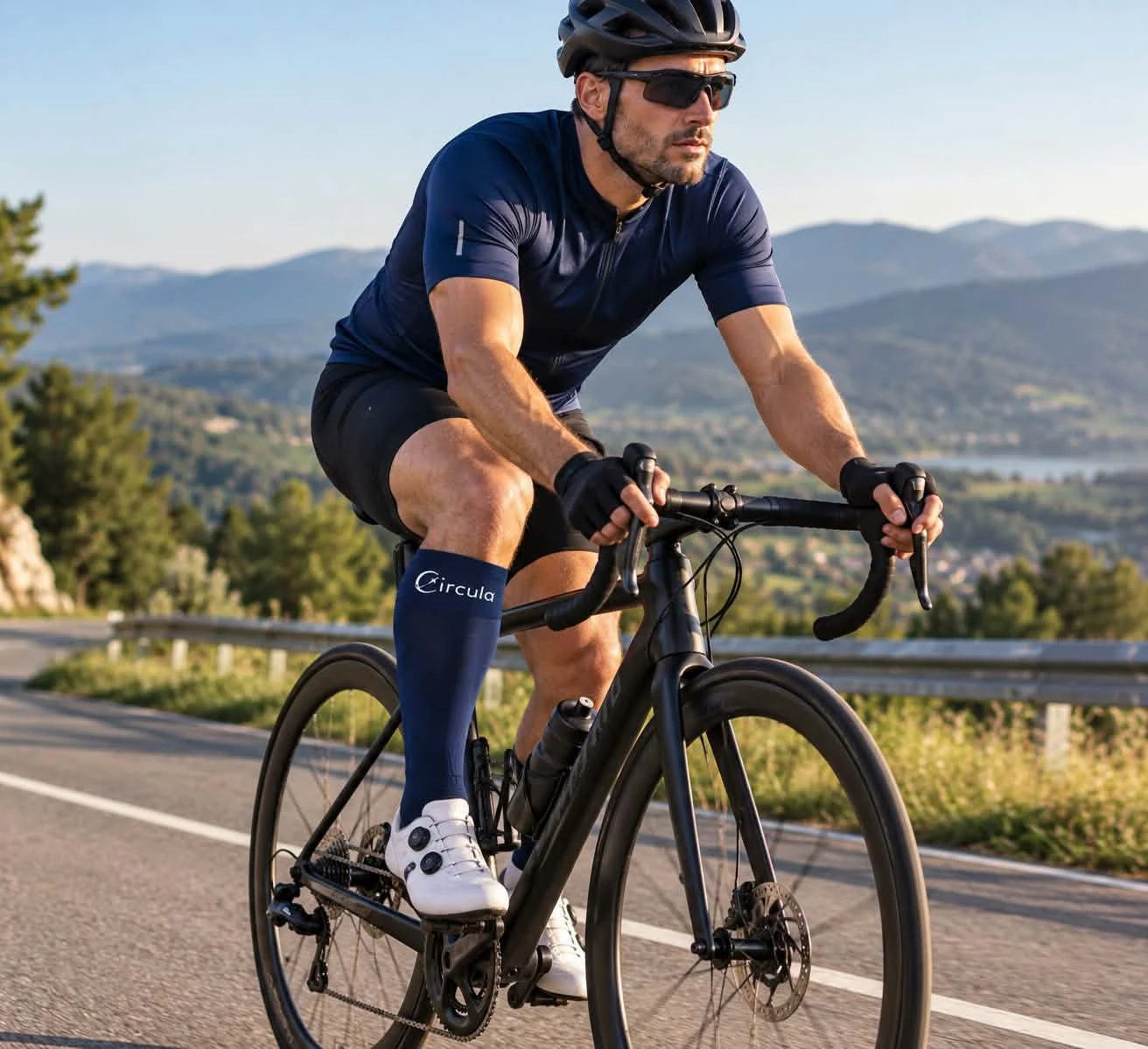Cyclist wearing Circula compression socks during an active day