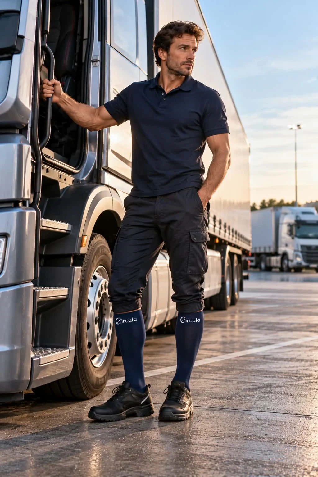 Professional truck driver wearing Circula compression socks