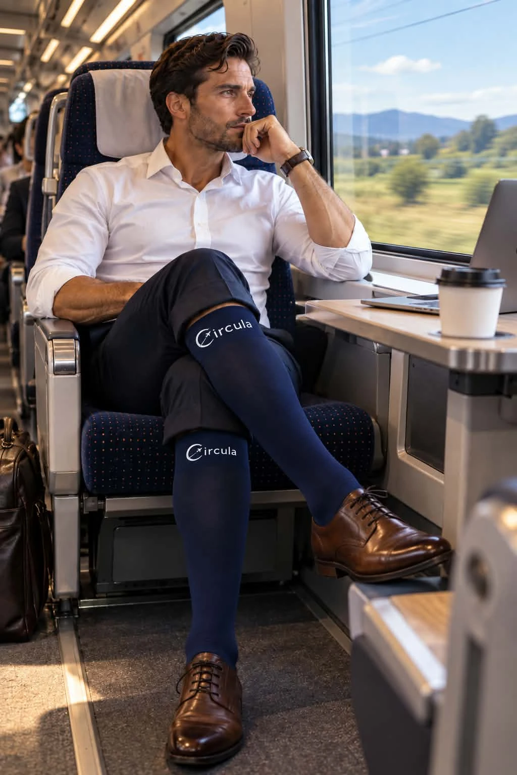 Train passenger wearing Circula compression socks during a long journey